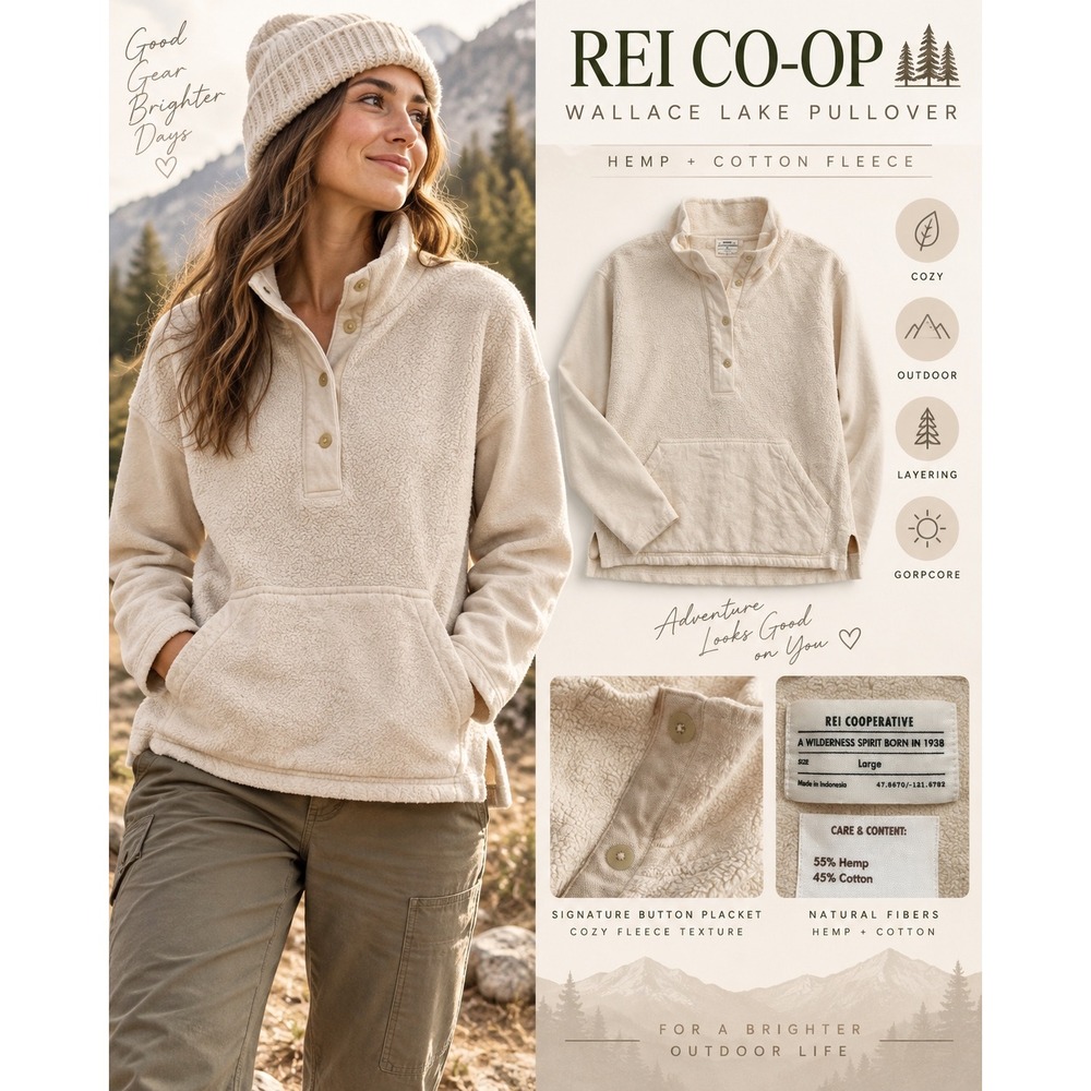 REI Co-op Wallace Lake Hemp Cotton Fleece Pullover Large Cream Gorpcore
